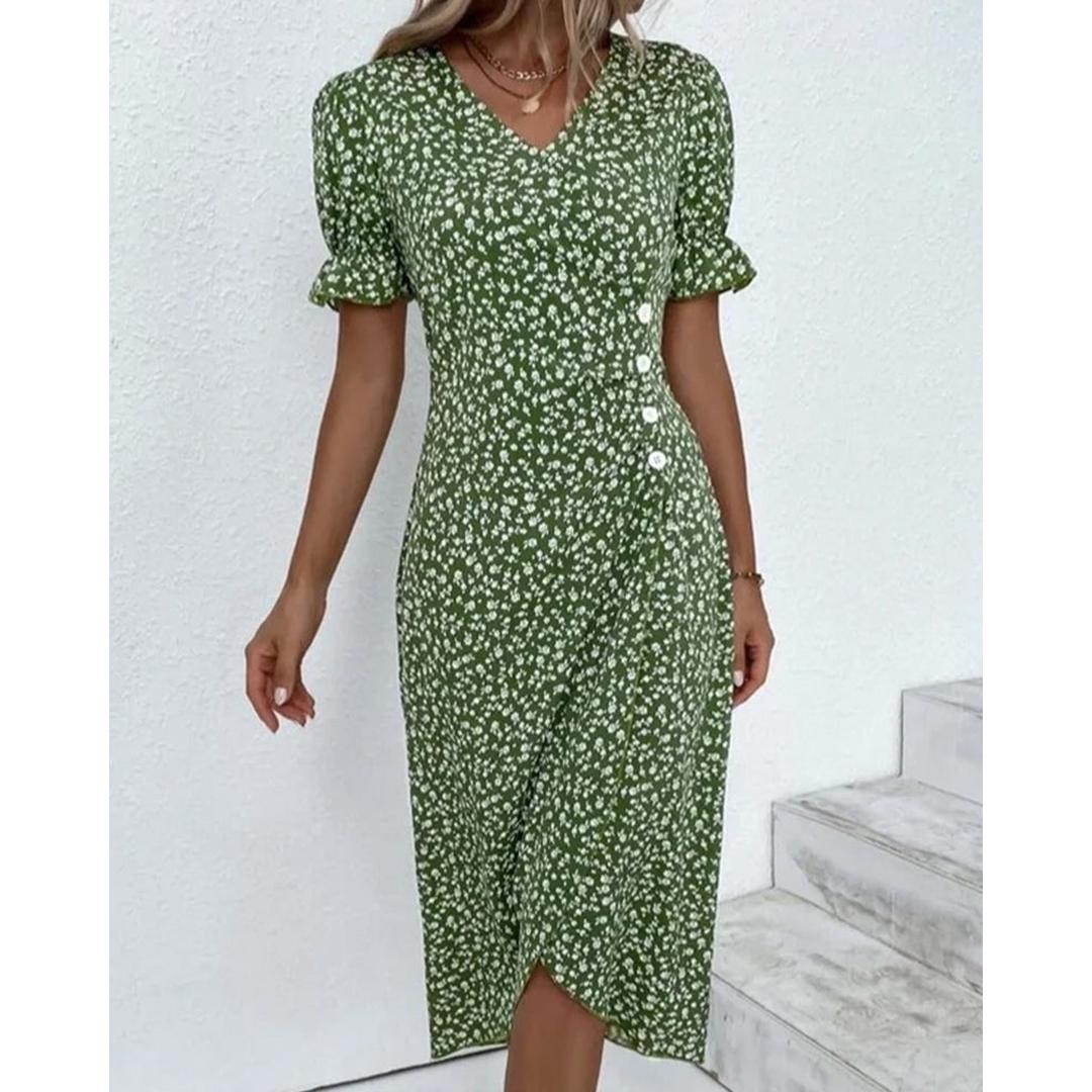 Freya | Floral Print V-Neck Wrap Midi Dress with Button Detail