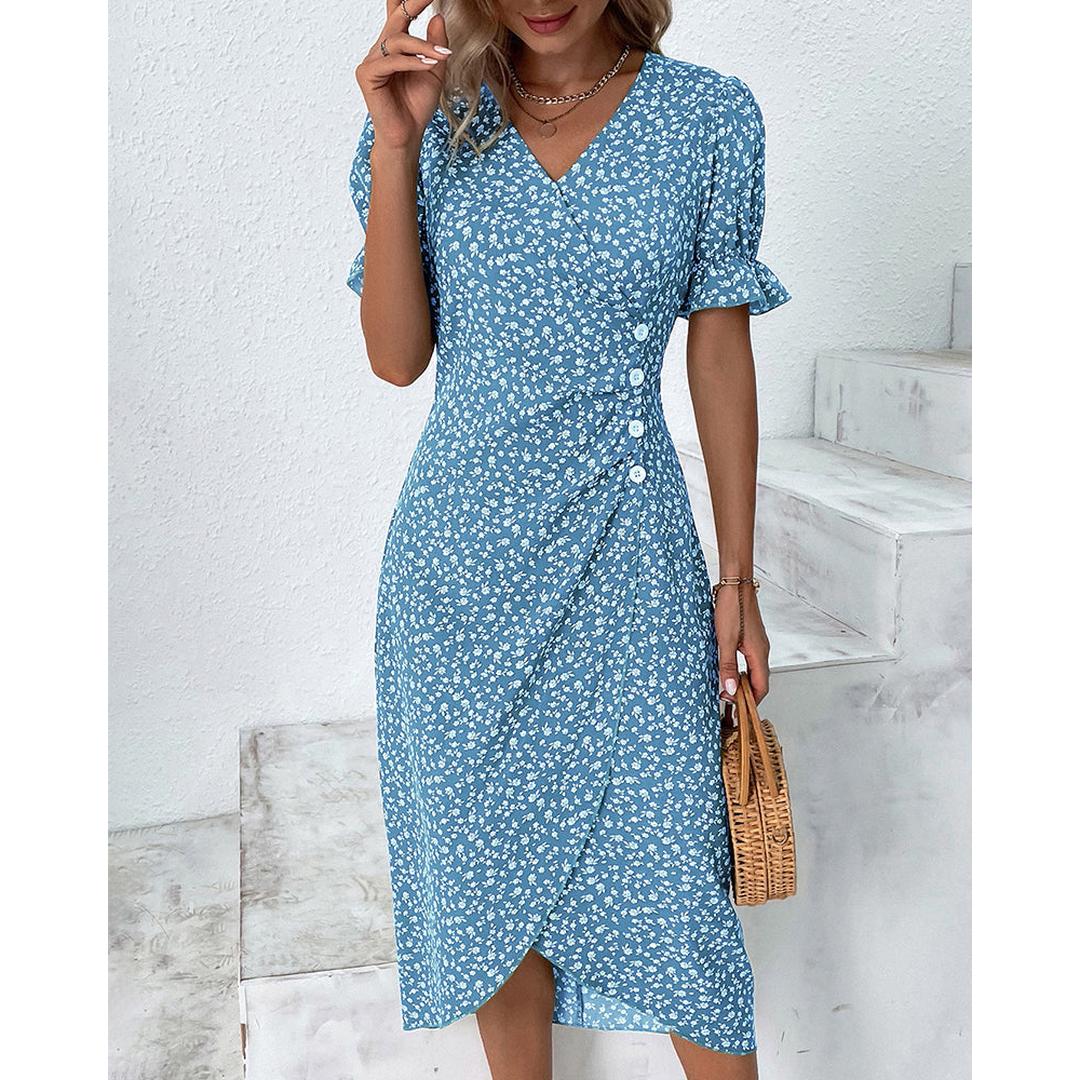 Freya | Floral Print V-Neck Wrap Midi Dress with Button Detail