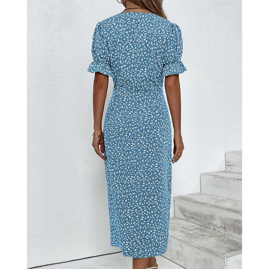 Freya | Floral Print V-Neck Wrap Midi Dress with Button Detail