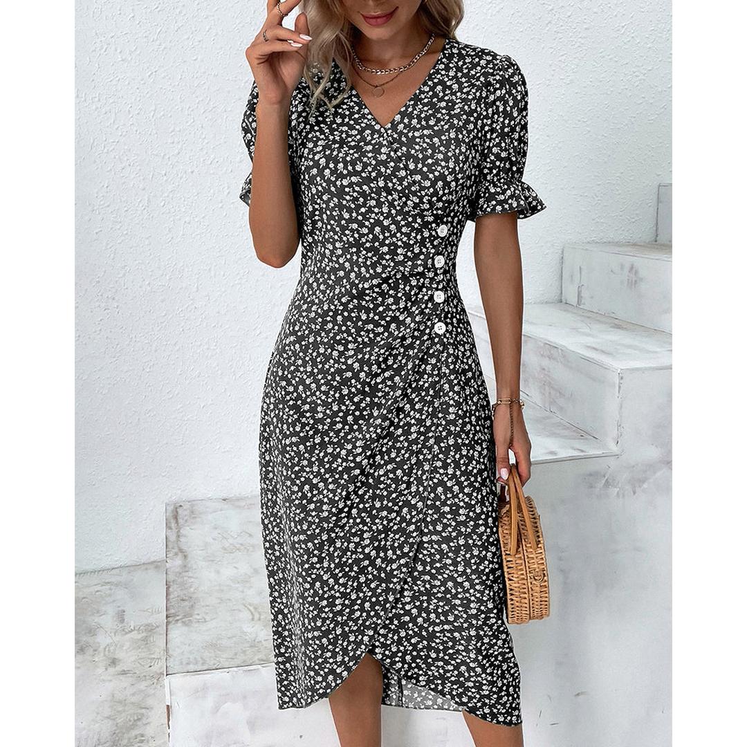 Freya | Floral Print V-Neck Wrap Midi Dress with Button Detail