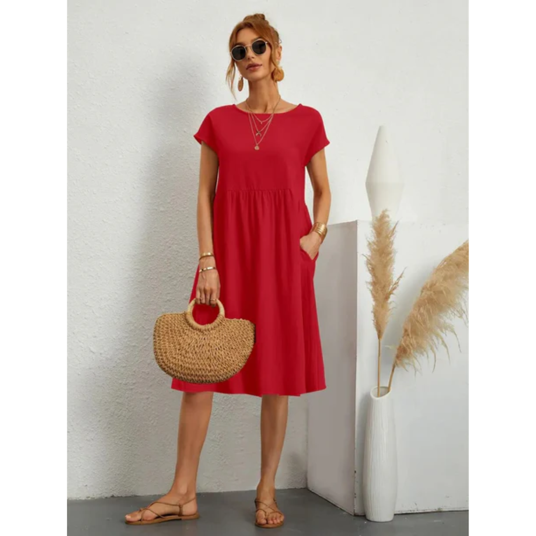 Ella | Women’s Short Sleeve Midi Dress with Round Neck