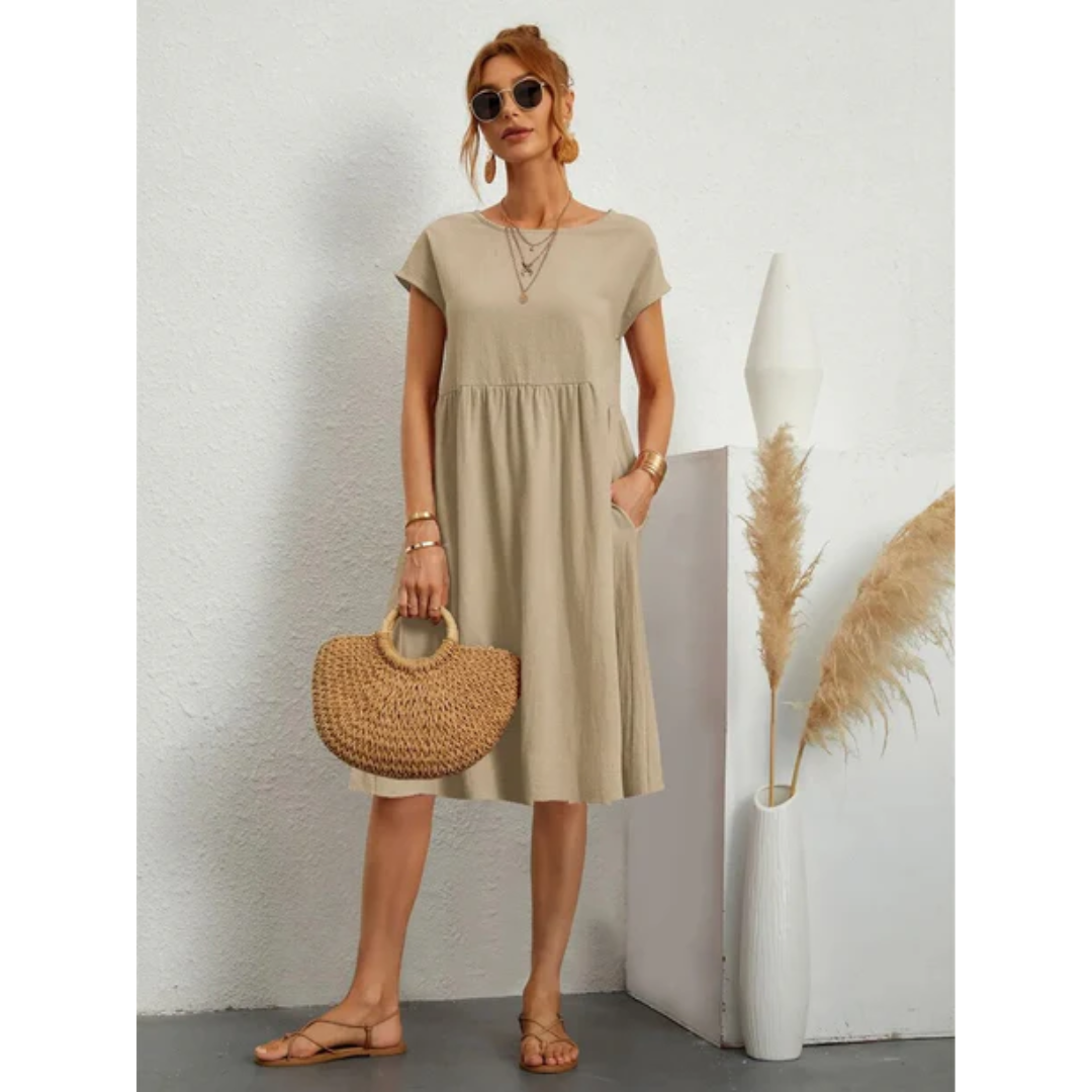 Ella | Women’s Short Sleeve Midi Dress with Round Neck