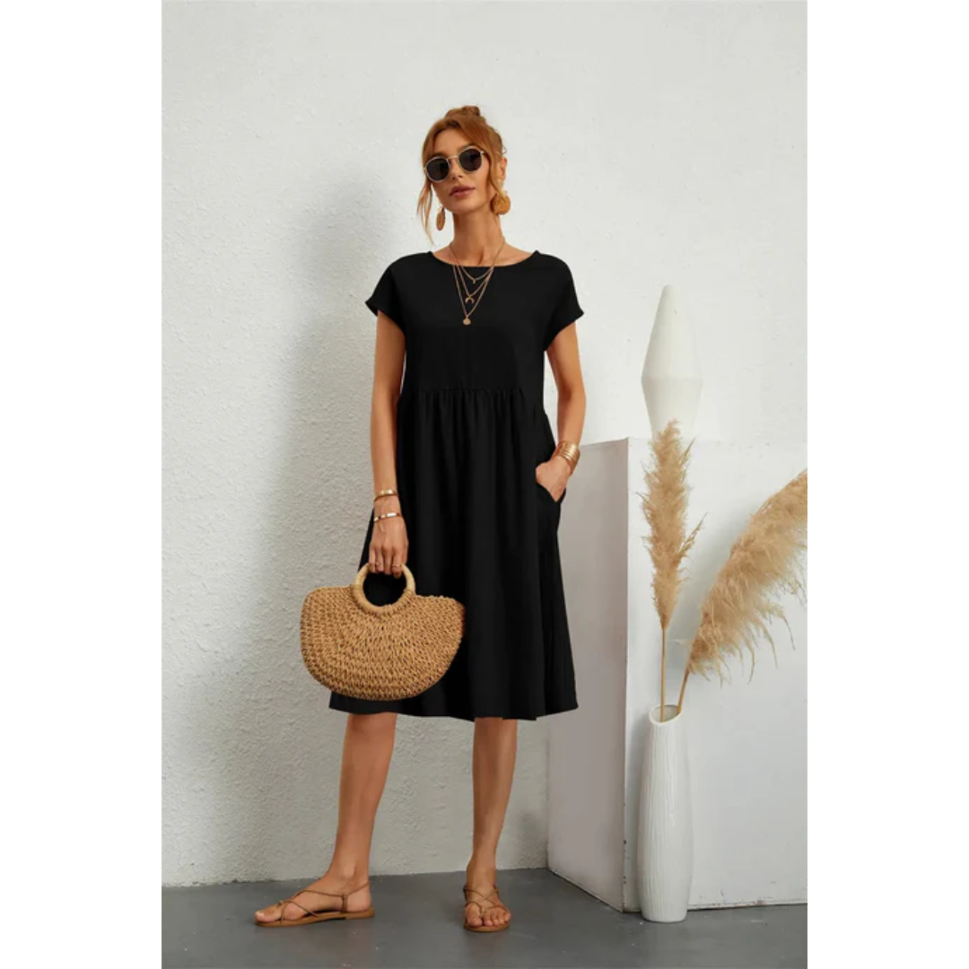 Ella | Women’s Short Sleeve Midi Dress with Round Neck
