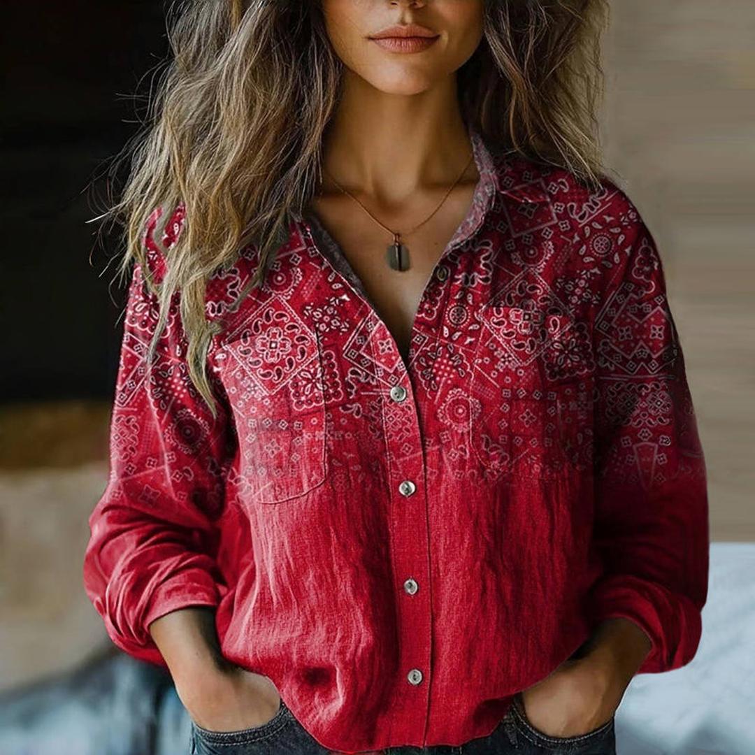 Fiona | Women’s Ethnic Print Blouse with Notched Collar