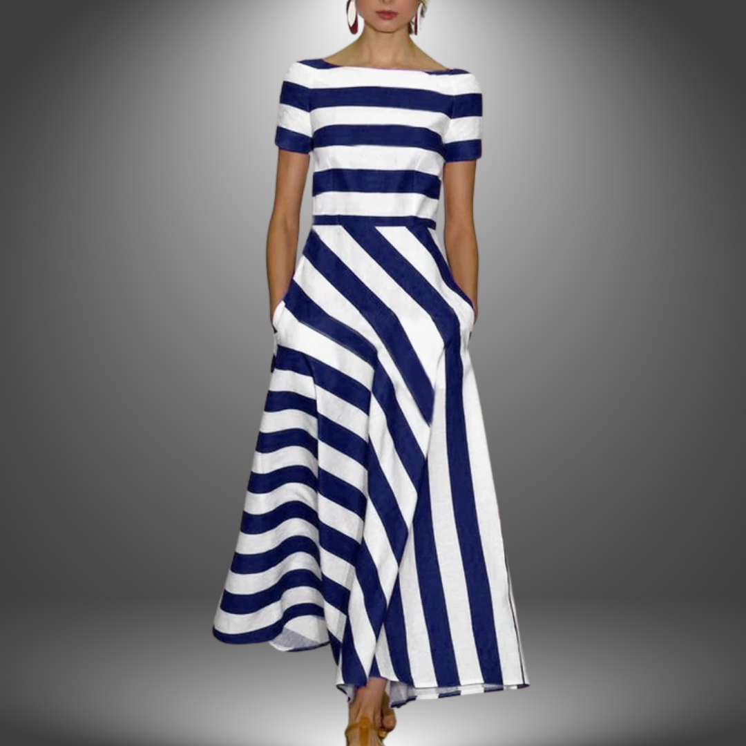 Poppy | Striped A-Line Maxi Dress with Boat Neckline
