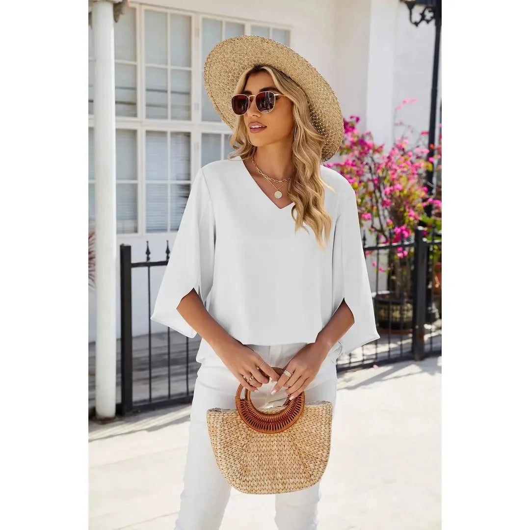 Hannah | Women’s V-Neck Blouse with Three-Quarter Sleeves