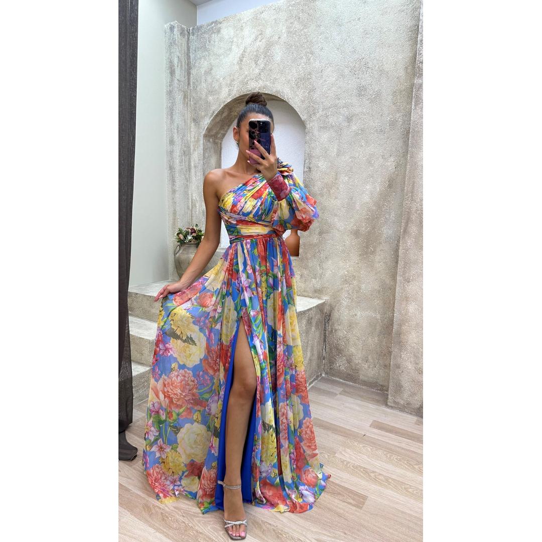 Lydia | One-Shoulder Floral Print Maxi Dress with High Slit