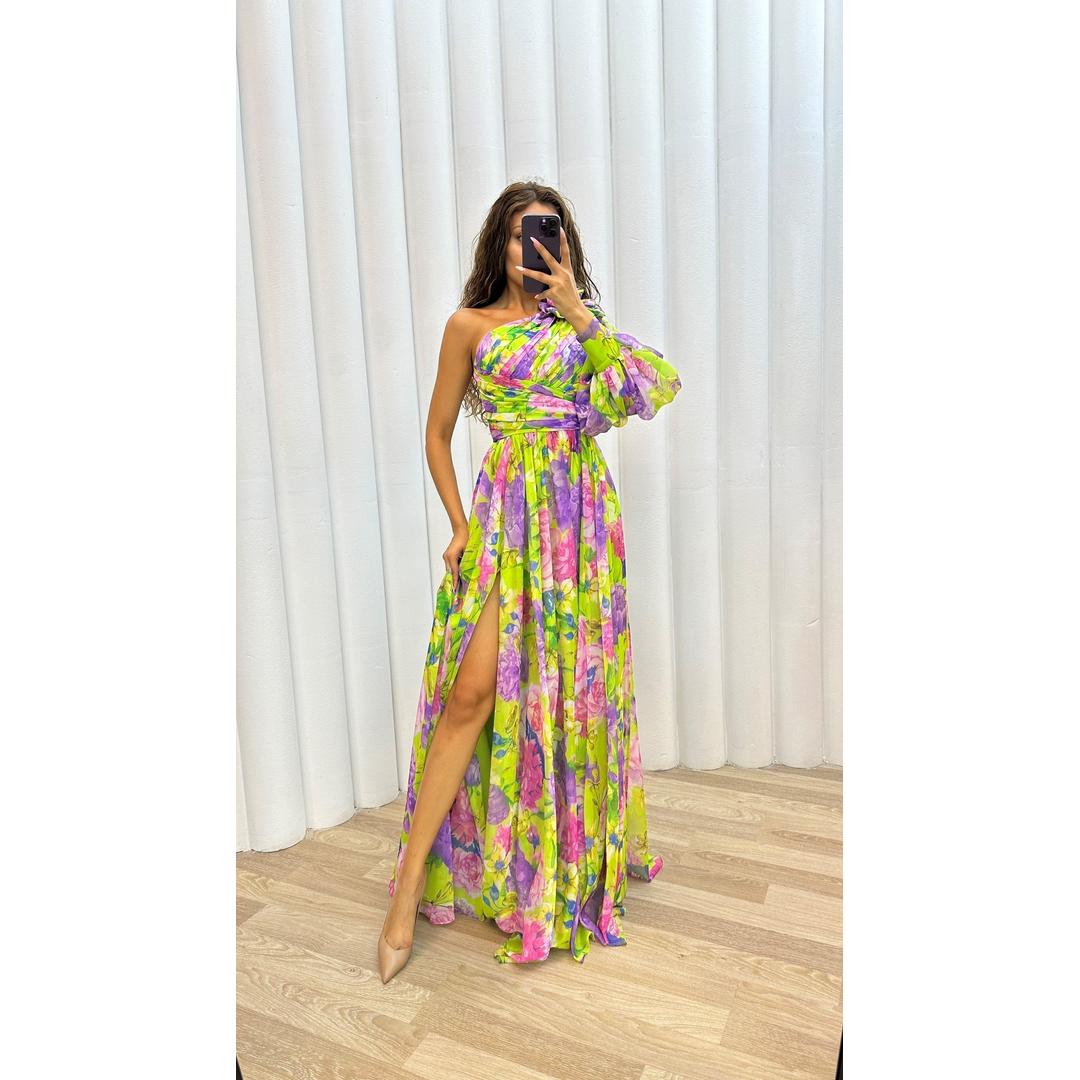 Lydia | One-Shoulder Floral Print Maxi Dress with High Slit