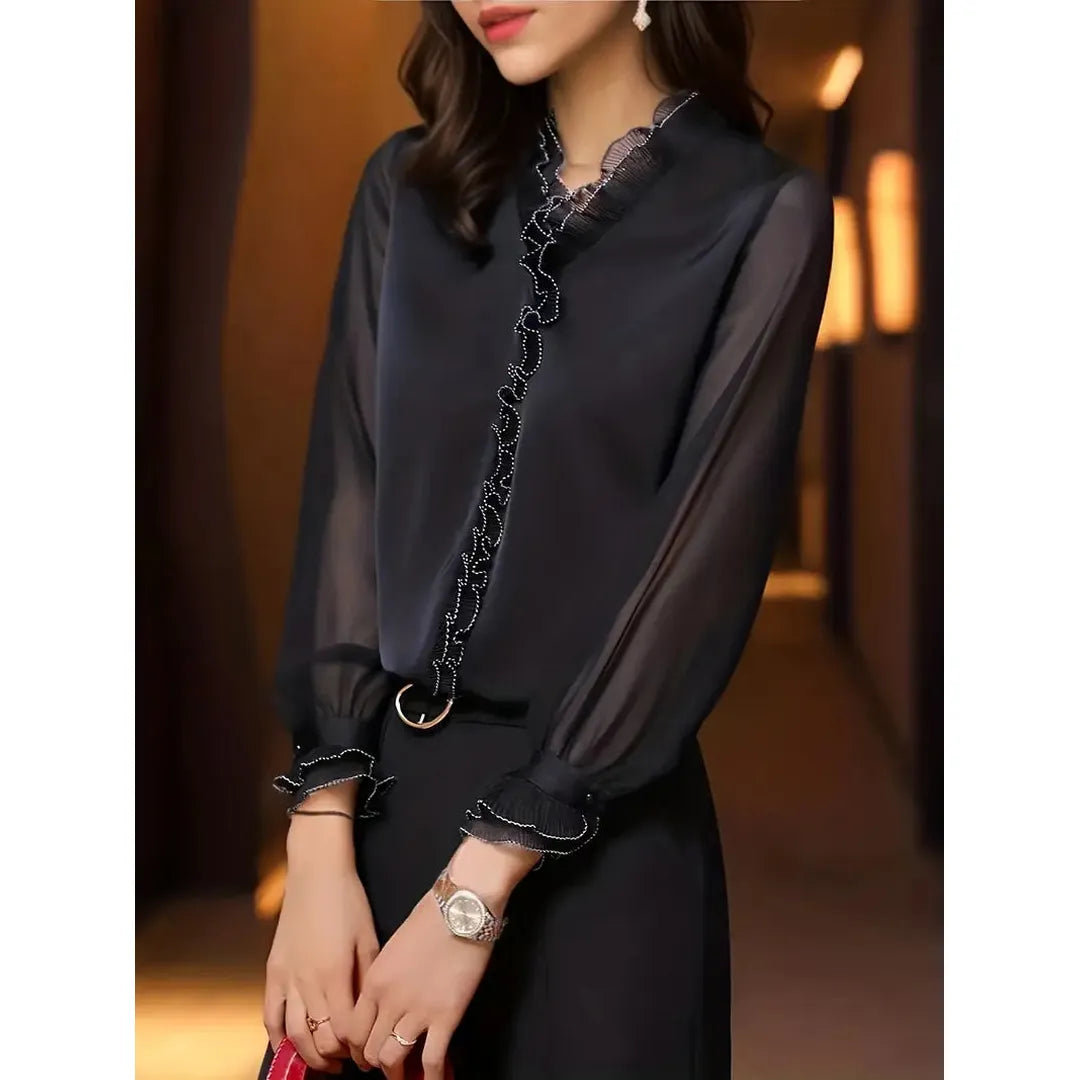 Valerie | Women’s Long Sleeve Blouse with Ruffle Trim