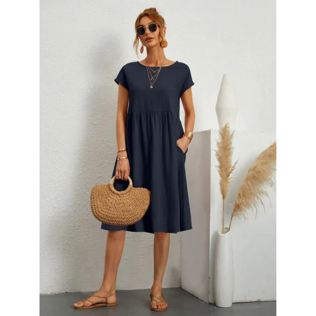 Ella | Women’s Short Sleeve Midi Dress with Round Neck