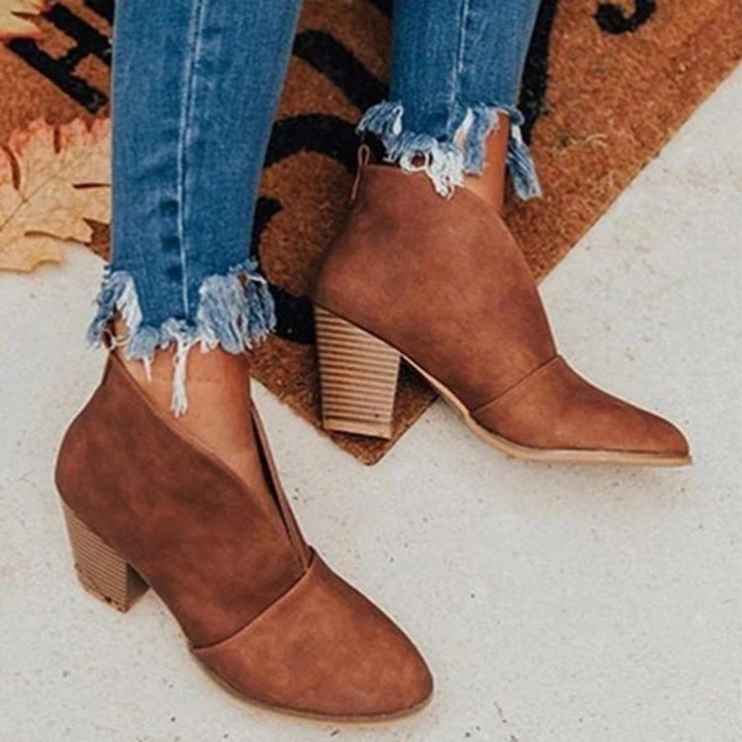 Chloe | Women's Almond Toe V-Cut Ankle Boots with Block Heel