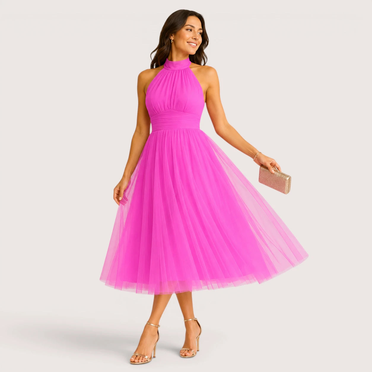 Elena | Women’s Halter Neck Flared Tulle Midi Dress