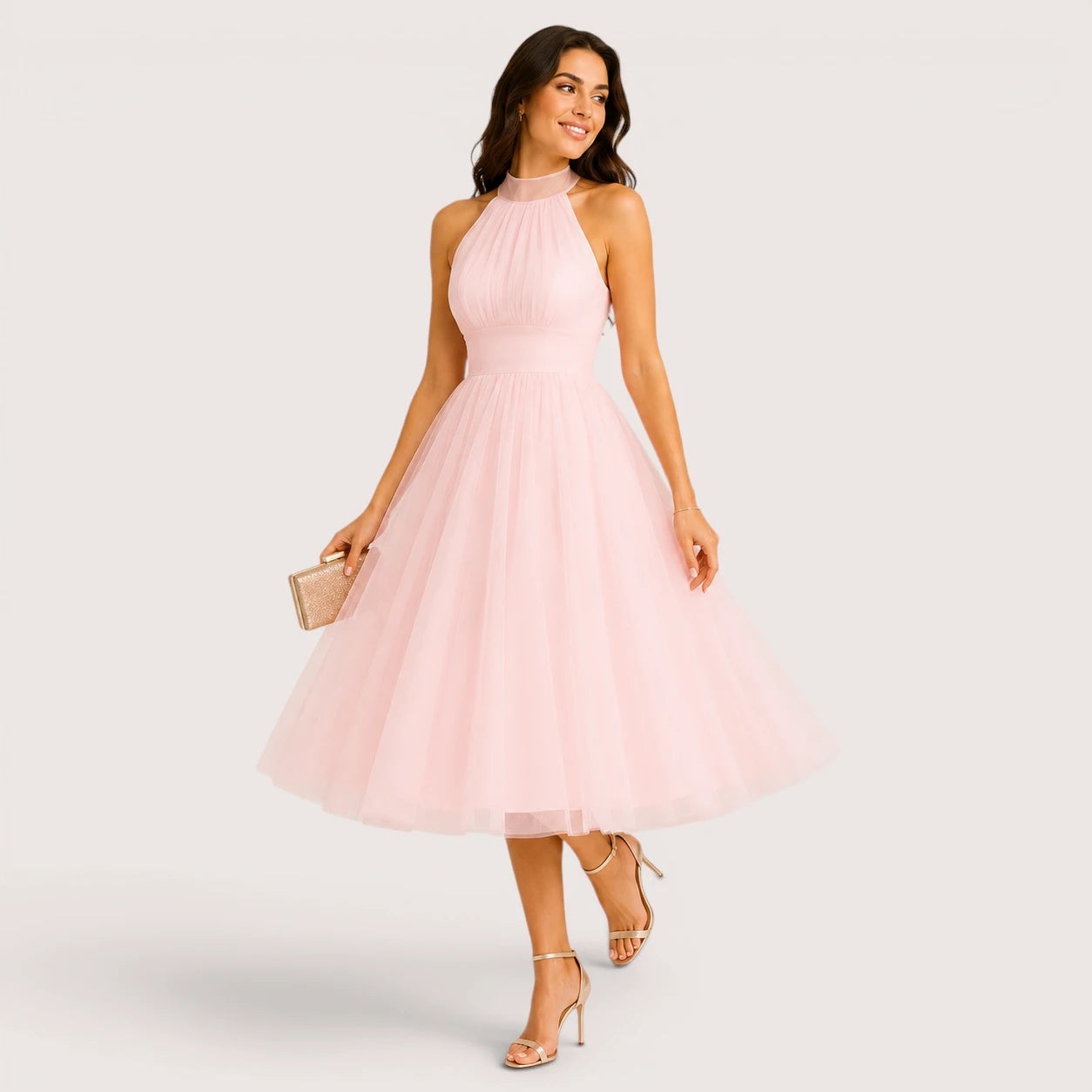 Elena | Women’s Halter Neck Flared Tulle Midi Dress