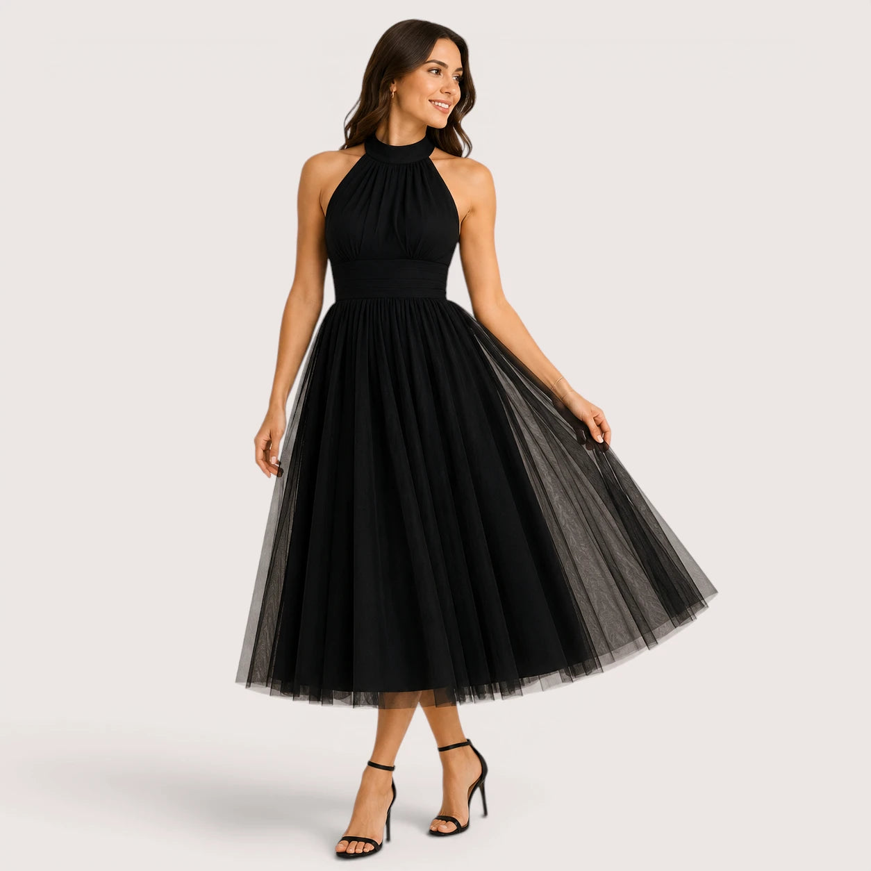 Elena | Women’s Halter Neck Flared Tulle Midi Dress