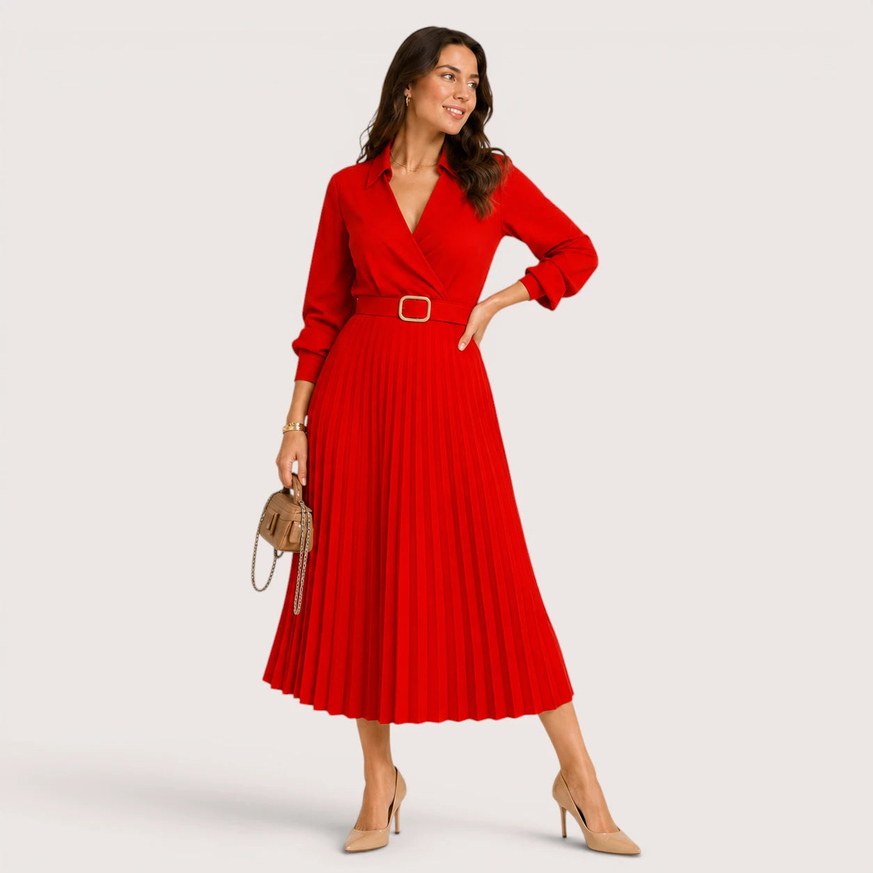 Rebecca | Women’s Pleated Midi Dress with Belt Detail