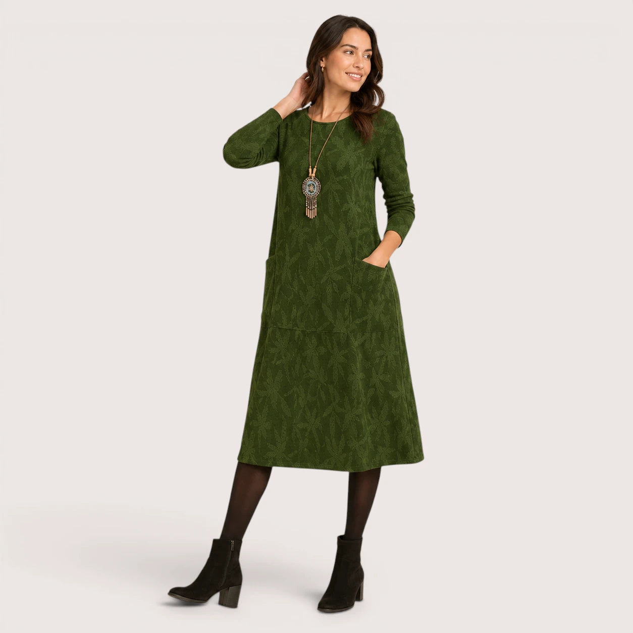 Megan | Women’s Long Sleeve Midi Dress with Front Pockets