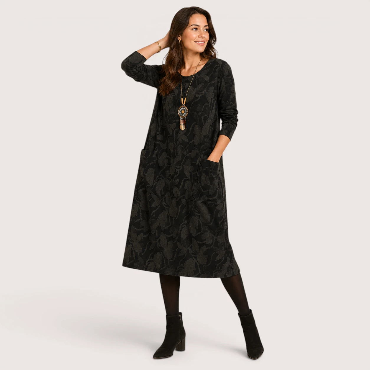 Megan | Women’s Long Sleeve Midi Dress with Front Pockets