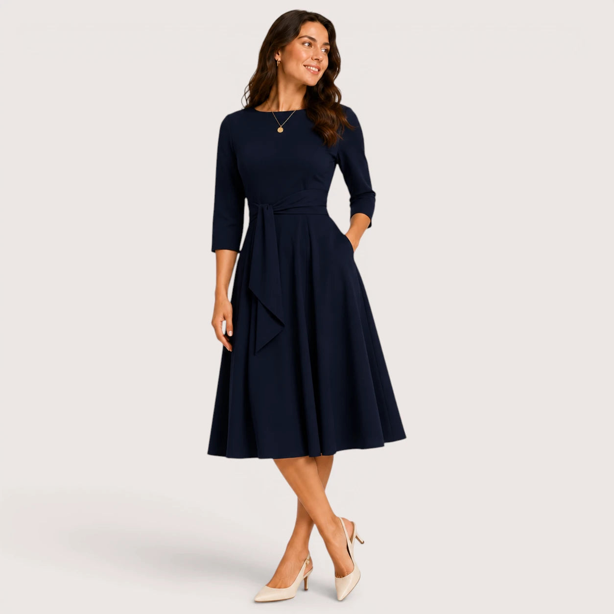 Penelope | Women’s Midi Dress with Waist Tie Bow