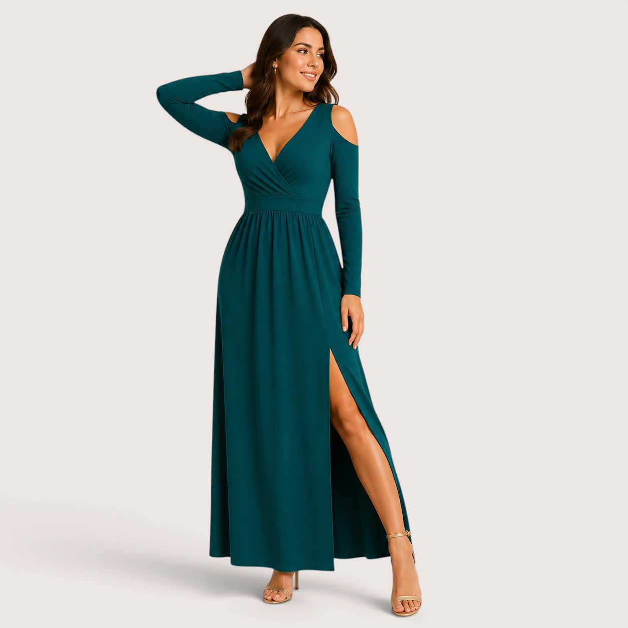 Audrey | Women’s V-Neck Cold Shoulder Maxi Dress with Side Slit