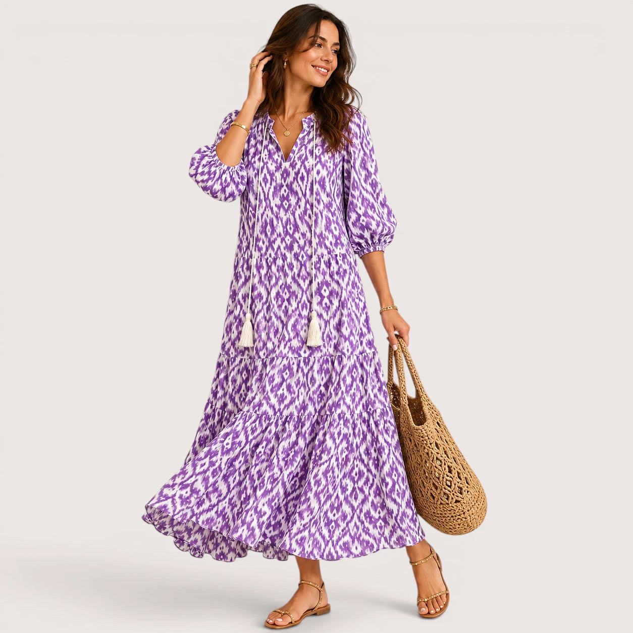Elena | Women’s Long Printed Dress with V-Neck