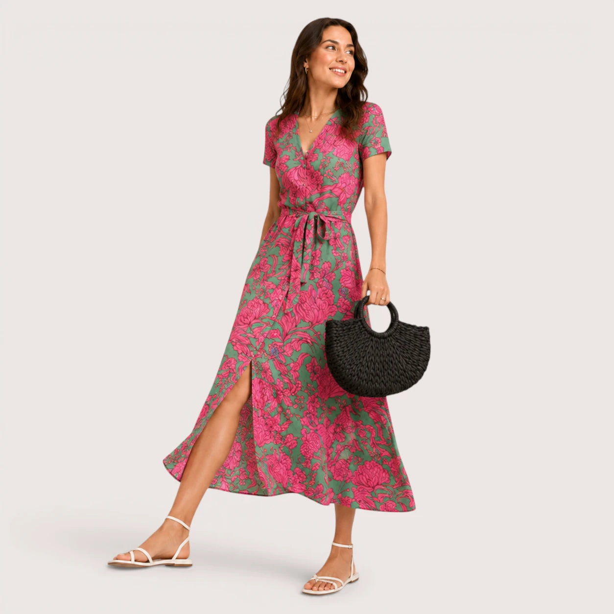 Paula | Women’s Floral Midi Wrap Dress with V-Neck