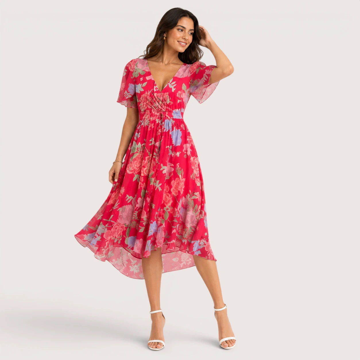 Melanie | Women’s Midi Dress with V-Neck and Short Sleeves