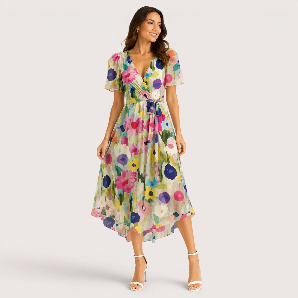 Melanie | Women’s Midi Dress with V-Neck and Short Sleeves