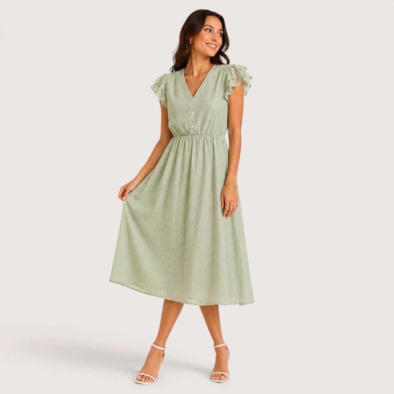 Eleanor | Women’s Midi Dress with Short Ruffle Sleeves