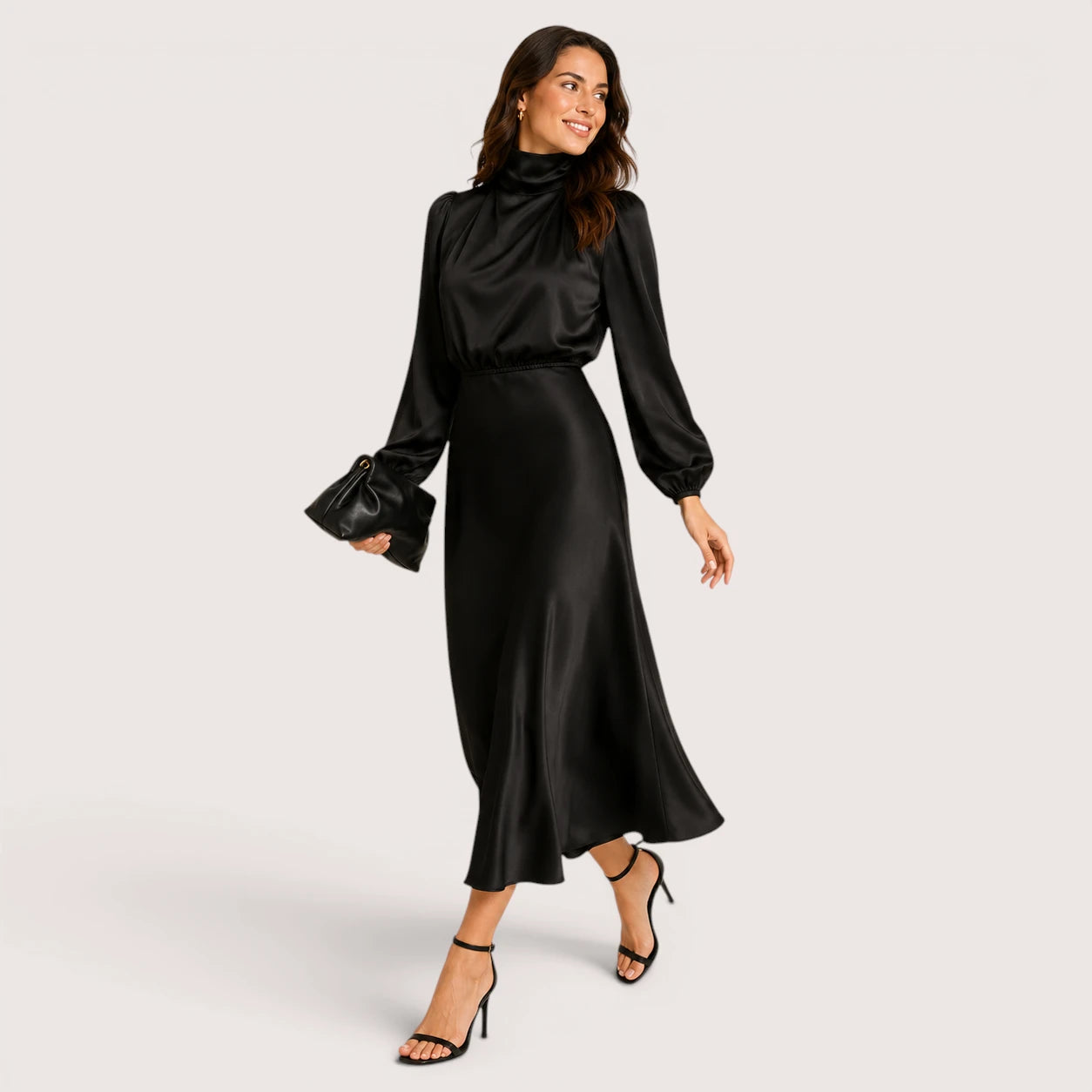 Theresa | Women’s High Waist Midi Dress with Long Sleeves