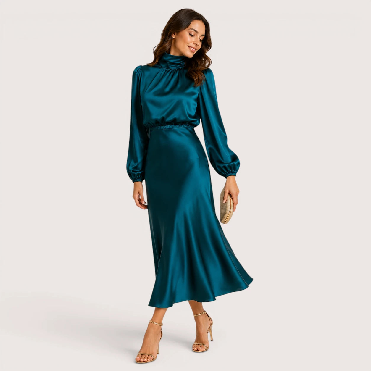 Theresa | Women’s High Waist Midi Dress with Long Sleeves