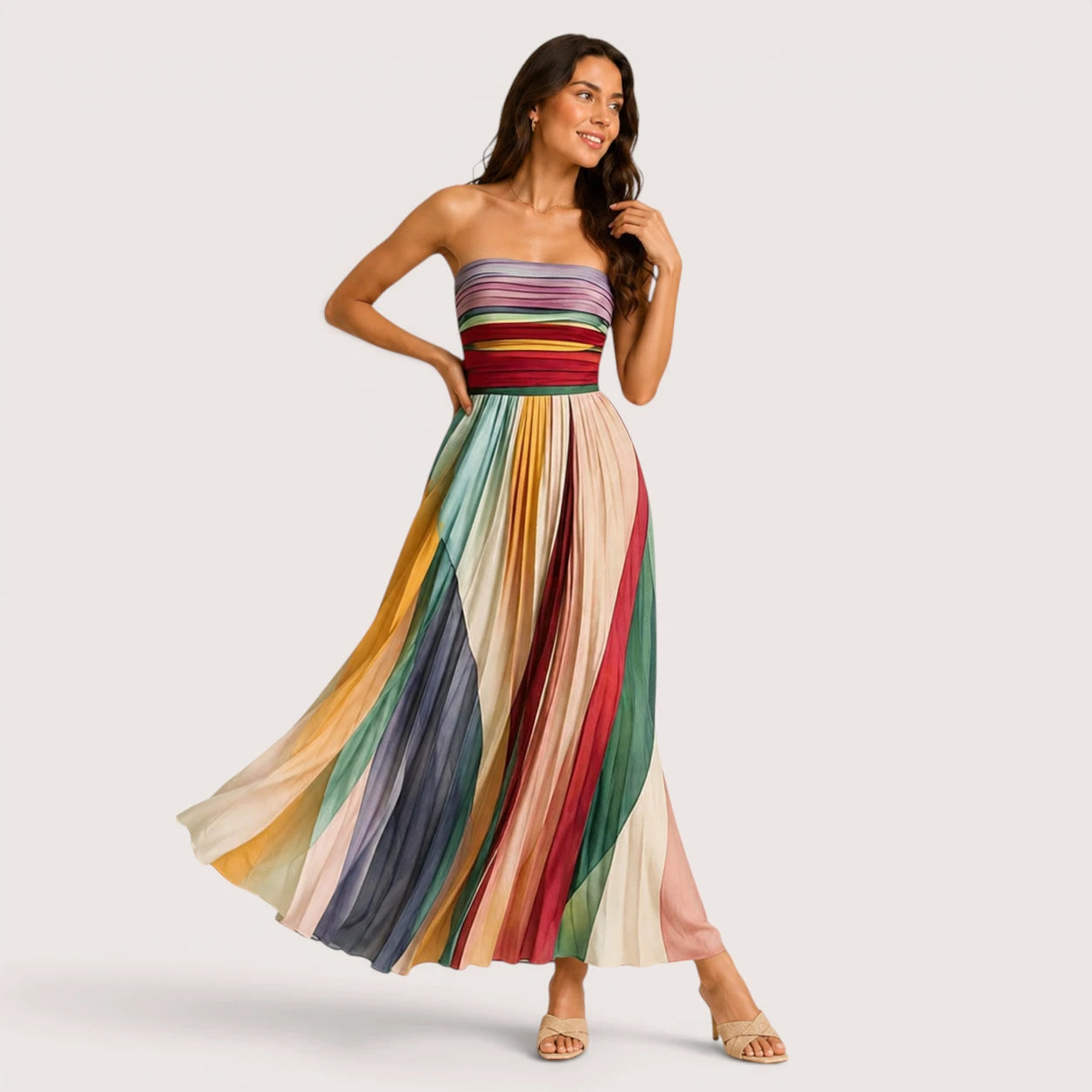 Aurora | Women’s Strapless Maxi Dress with Pleated Multi-Stripe
