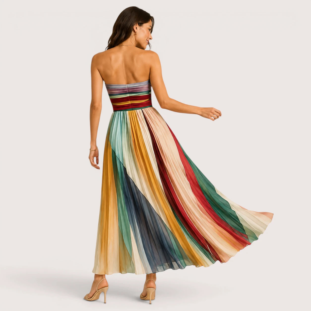 Aurora | Women’s Strapless Maxi Dress with Pleated Multi-Stripe
