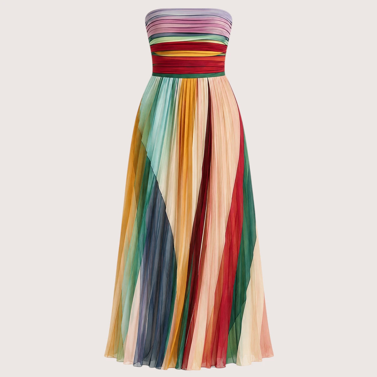 Aurora | Women’s Strapless Maxi Dress with Pleated Multi-Stripe