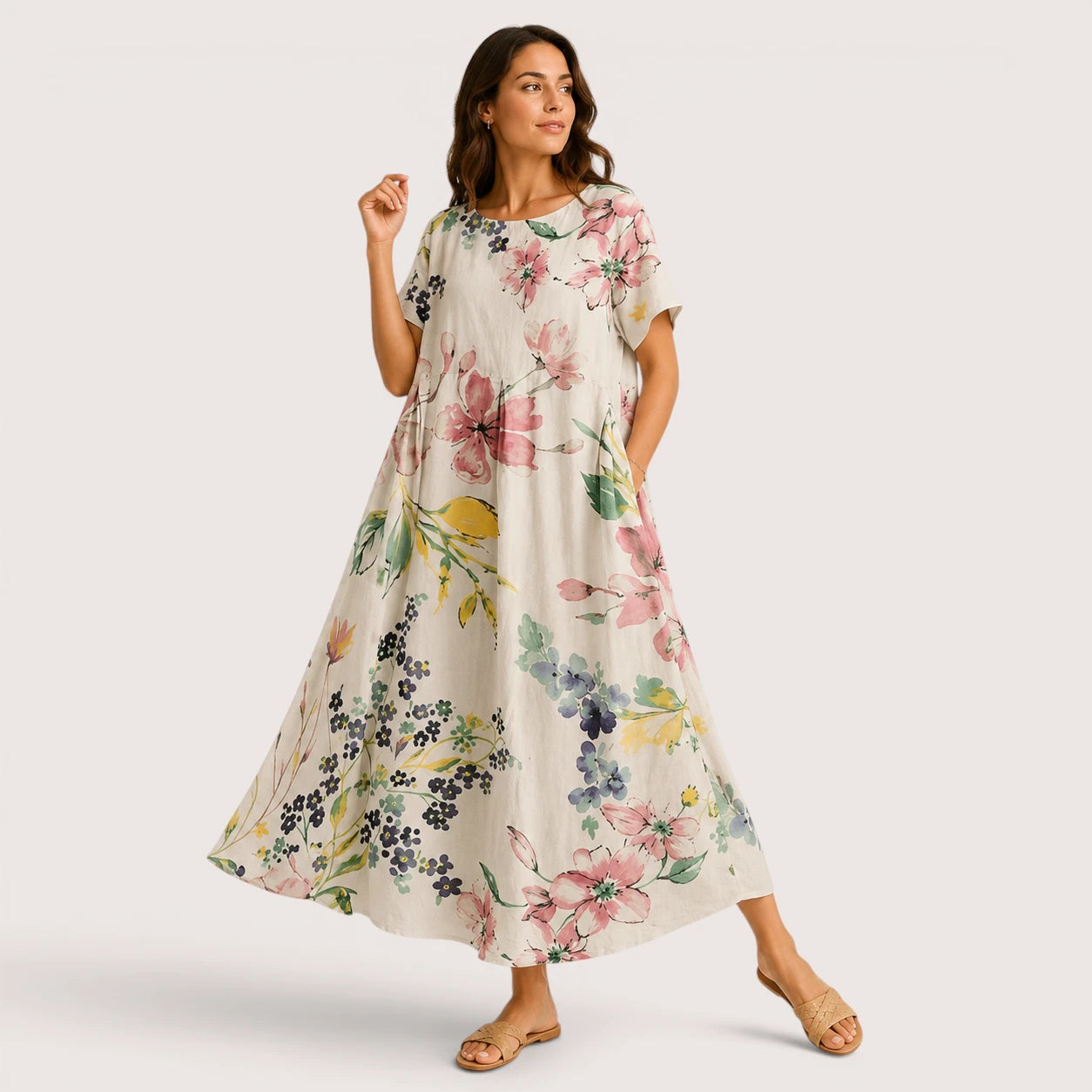 Eliza | Women’s Floral Midi Dress with Round Neck