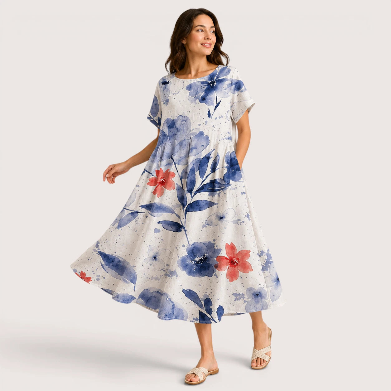 Eliza | Women’s Floral Midi Dress with Round Neck