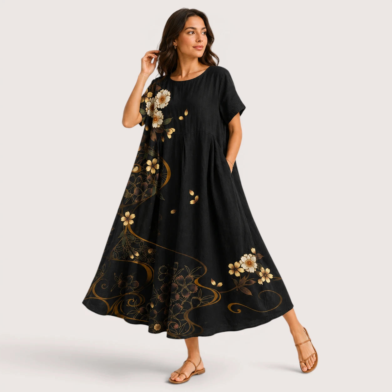 Eliza | Women’s Floral Midi Dress with Round Neck