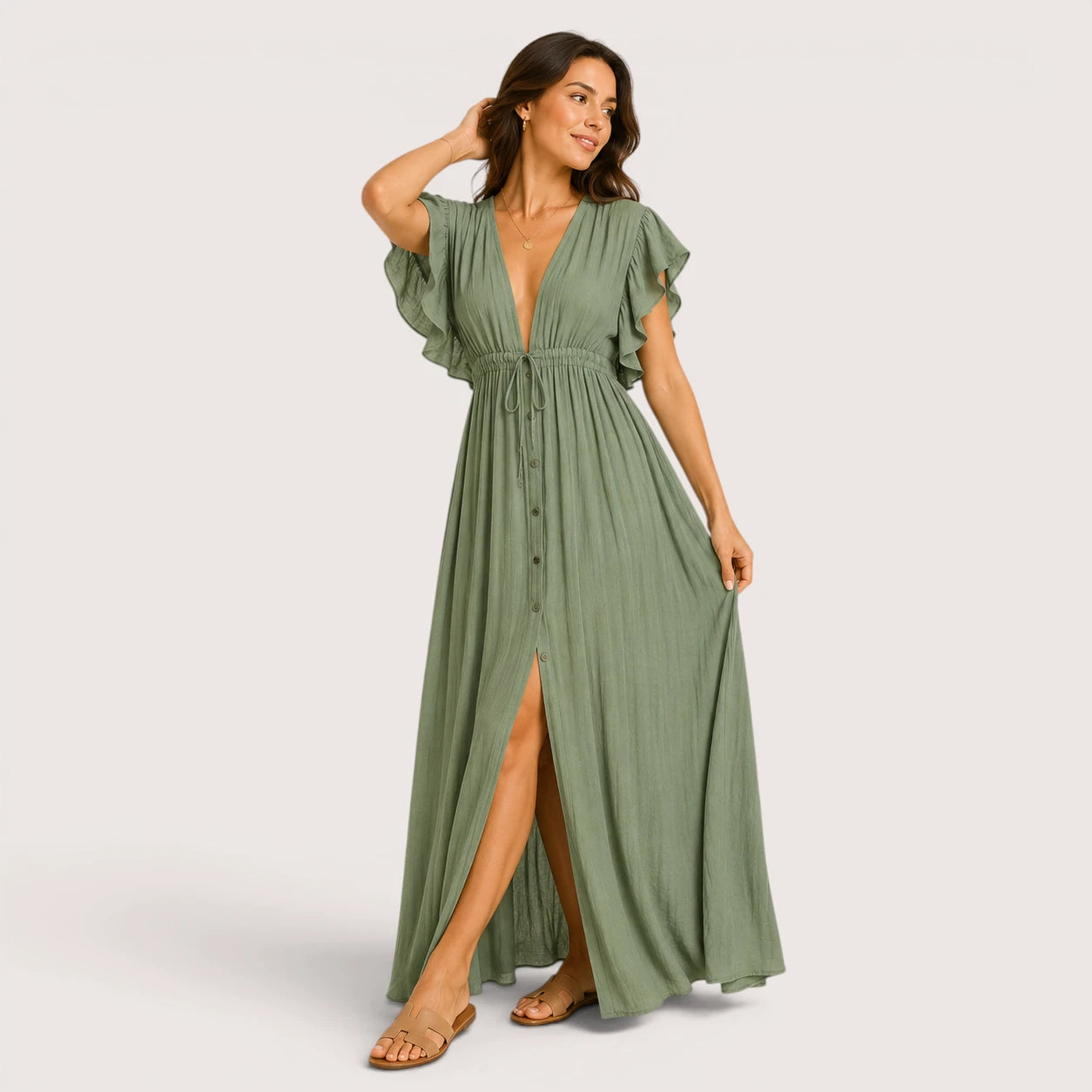 Blair | Women’s Long V-Neck Dress with Short Sleeves