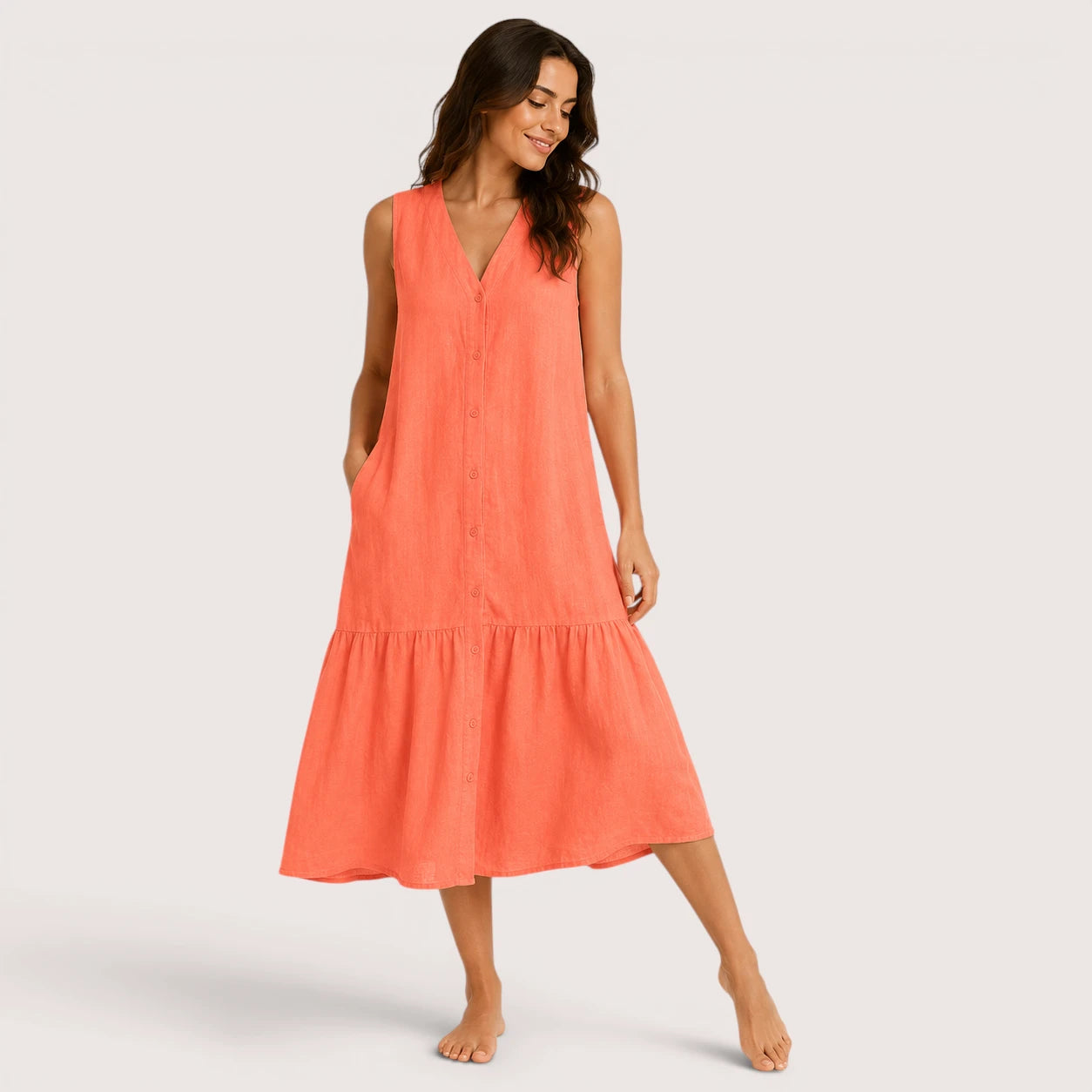 Aria | Women’s Sleeveless V-Neck Midi Dress with Button Front