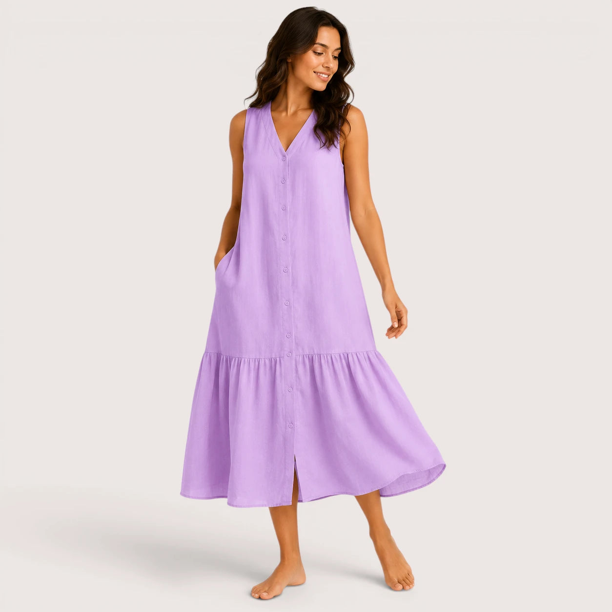 Aria | Women’s Sleeveless V-Neck Midi Dress with Button Front
