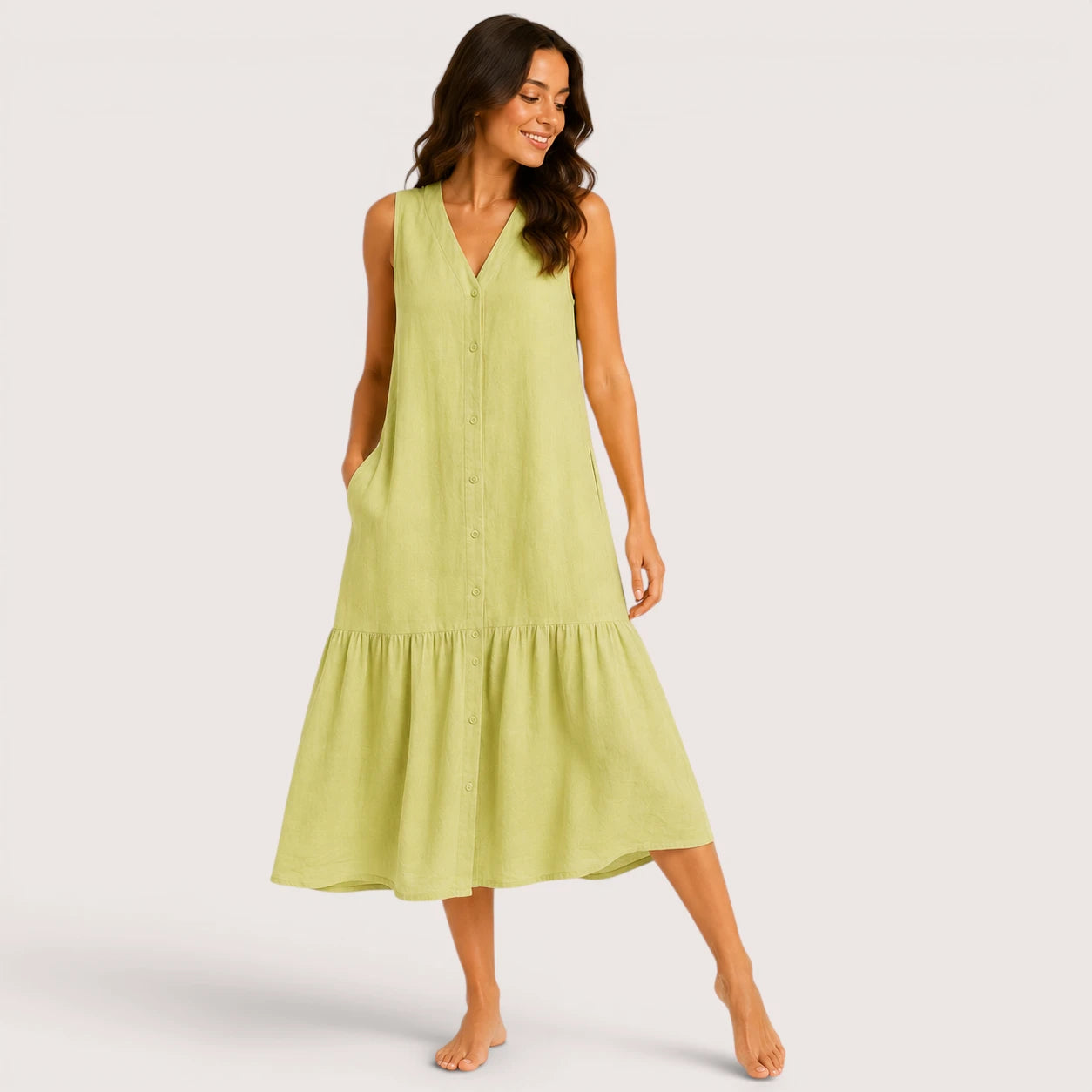 Aria | Women’s Sleeveless V-Neck Midi Dress with Button Front