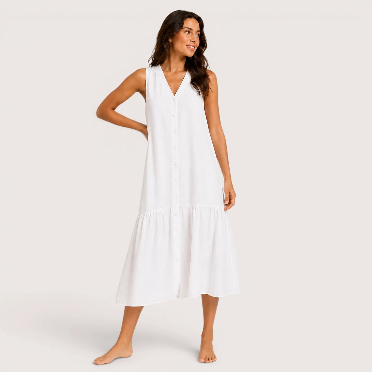 Aria | Women’s Sleeveless V-Neck Midi Dress with Button Front