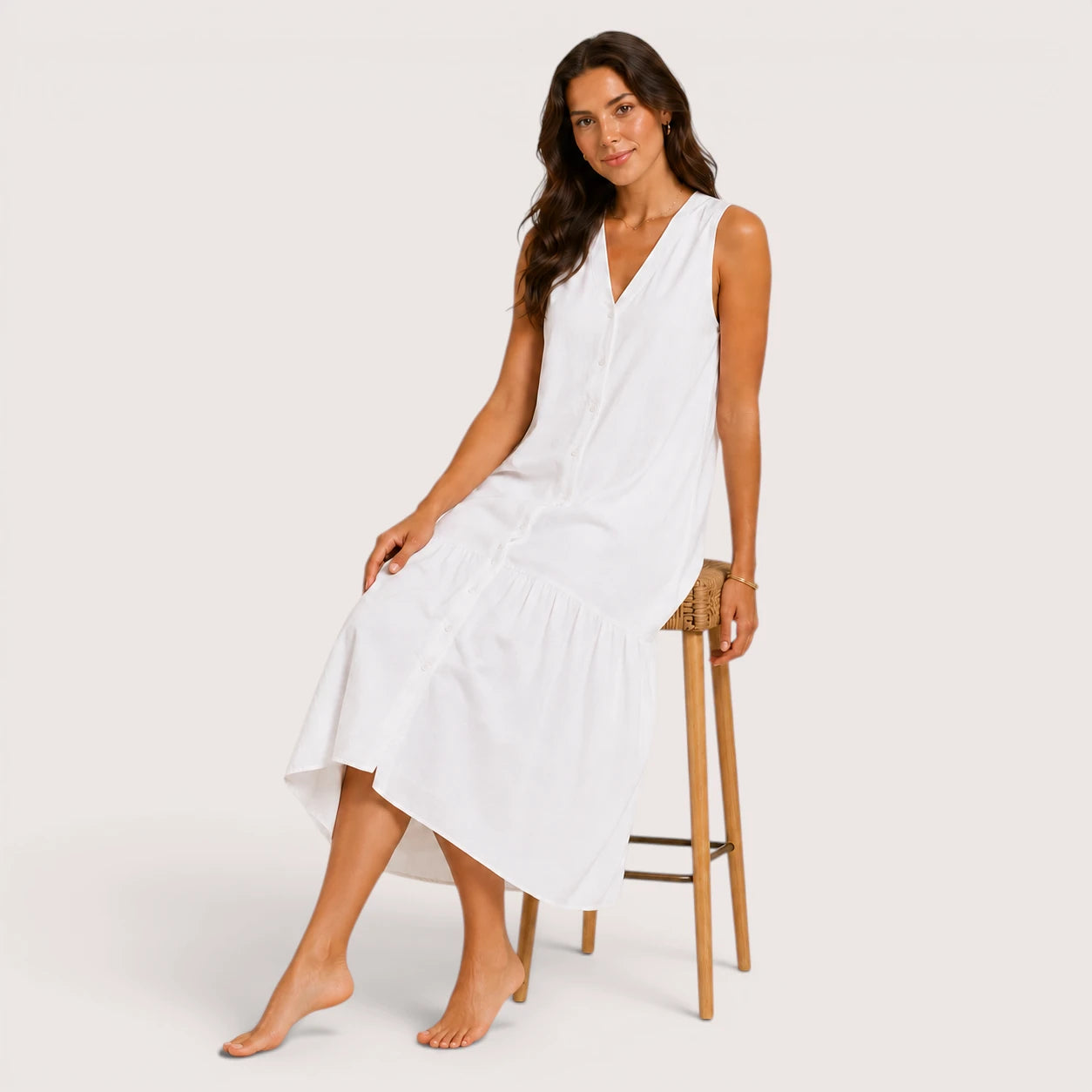 Aria | Women’s Sleeveless V-Neck Midi Dress with Button Front