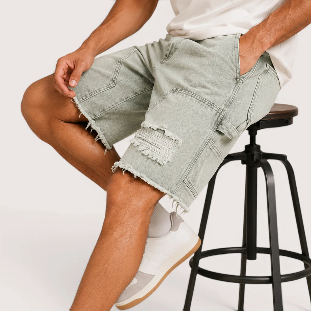 Men’s Knee Length Denim Shorts with Distressed Details