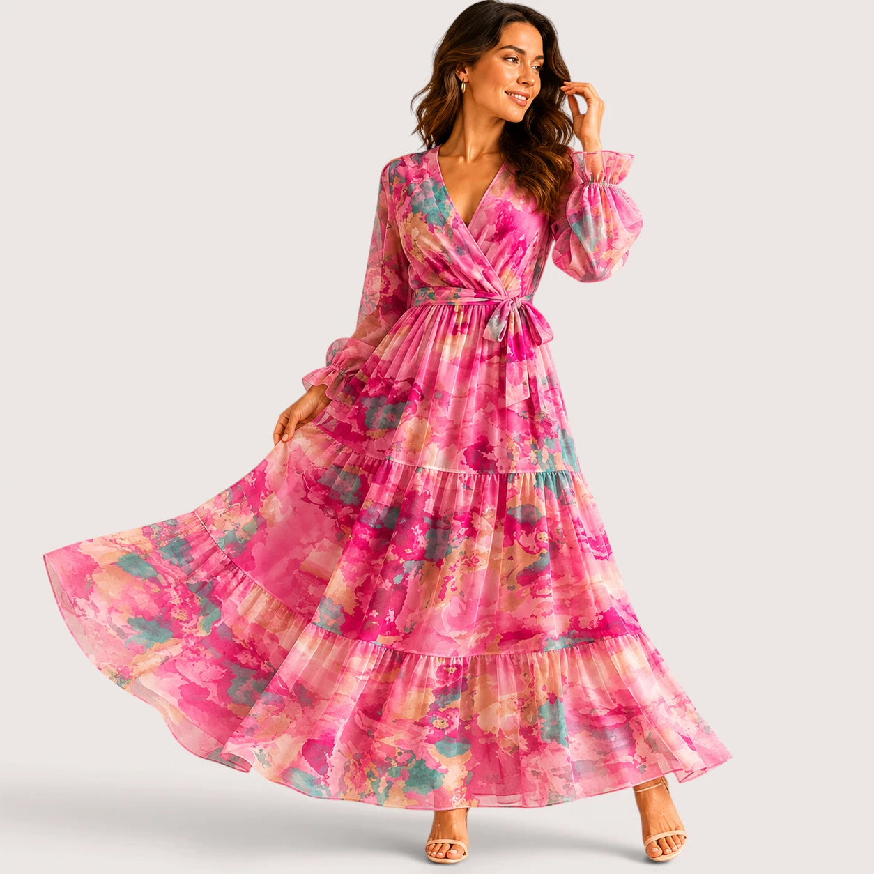 Amelia | Women’s Floral Print Long Sleeve Wrap Maxi Dress