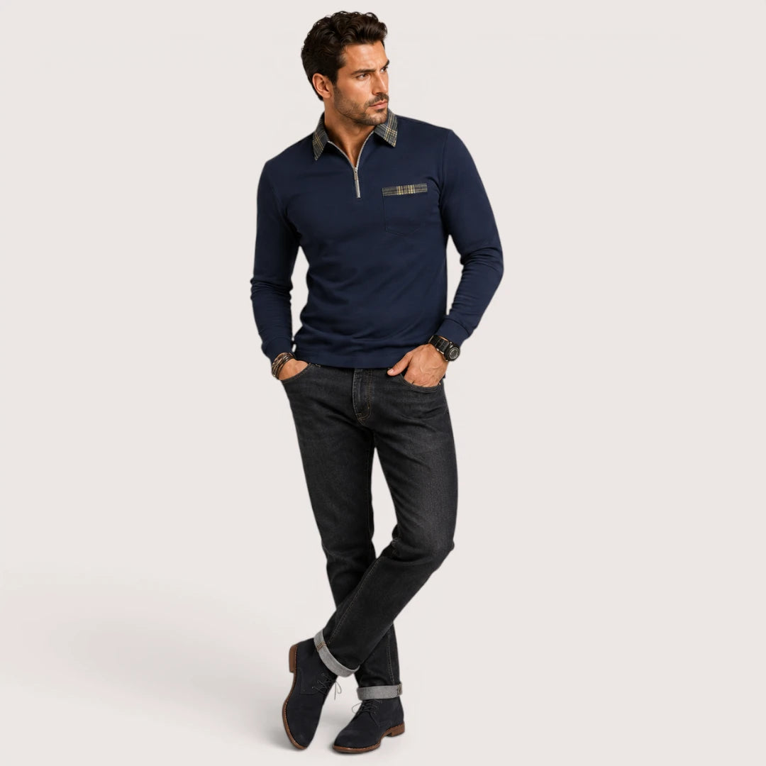 Calvin | Men’s Polo Shirt with Zip Collar and Check Detail