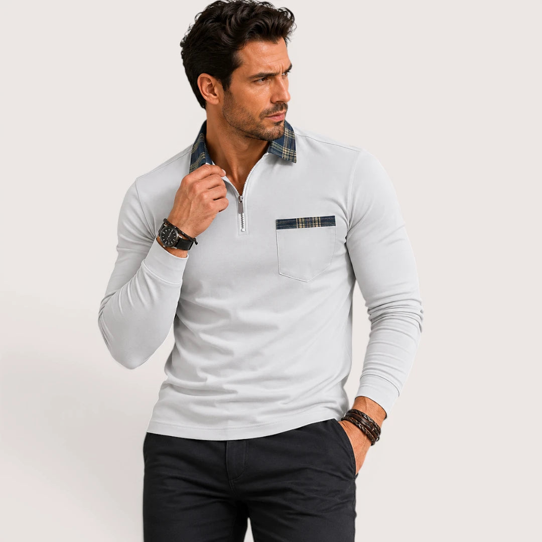 Calvin | Men’s Polo Shirt with Zip Collar and Check Detail
