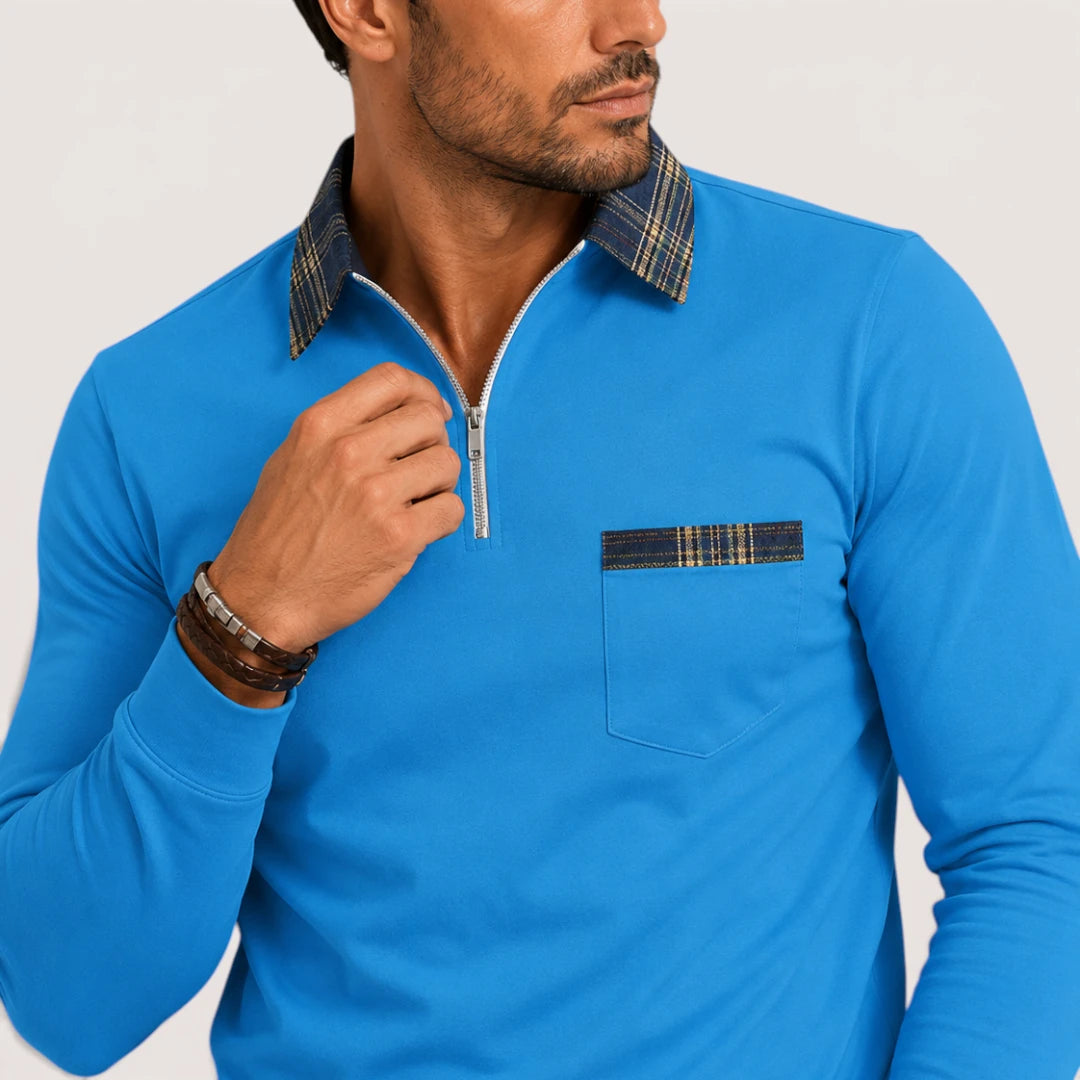 Calvin | Men’s Polo Shirt with Zip Collar and Check Detail