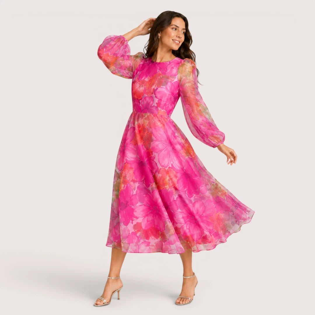 Roselina | Floral Print Midi Dress with Sheer Long Sleeves