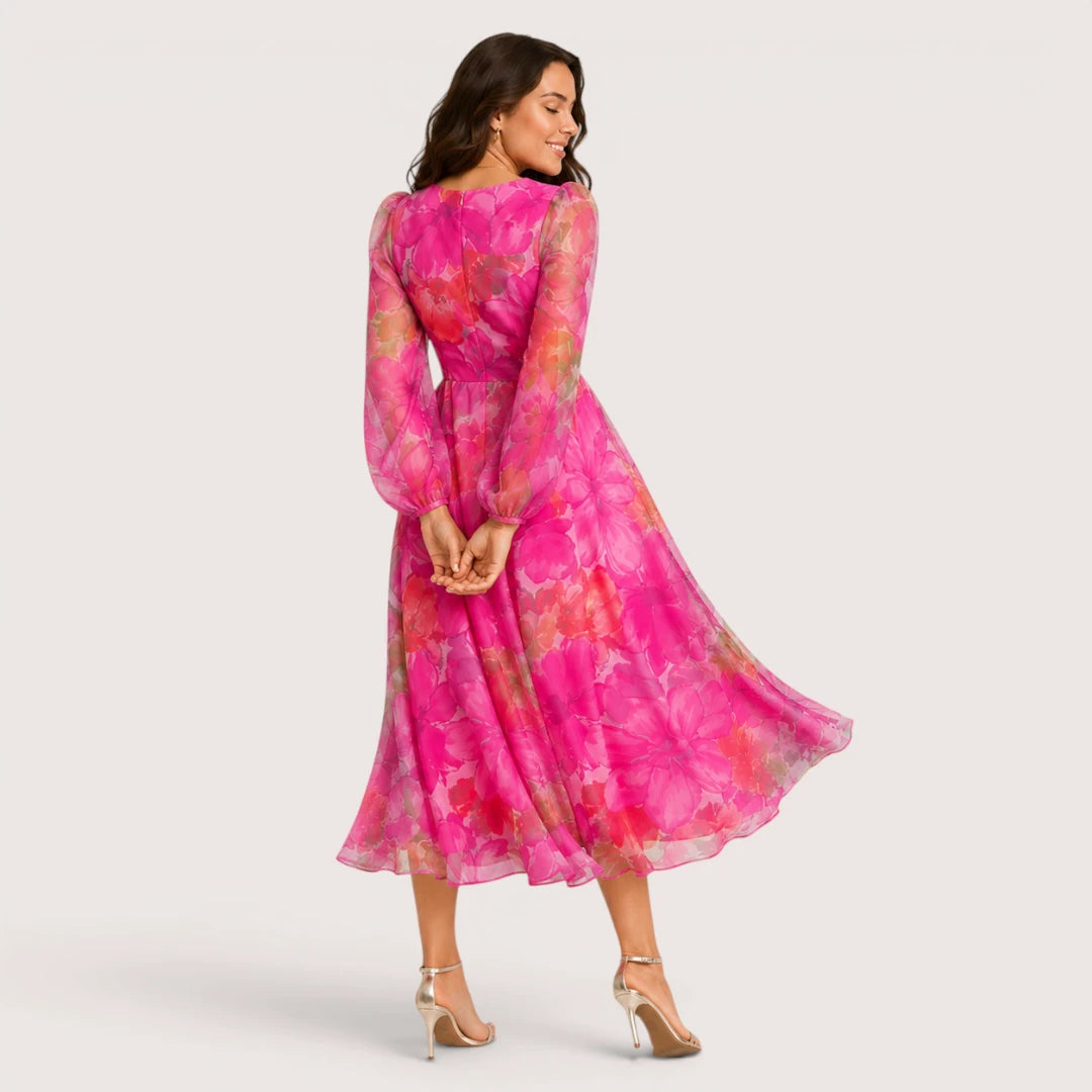Roselina | Floral Print Midi Dress with Sheer Long Sleeves