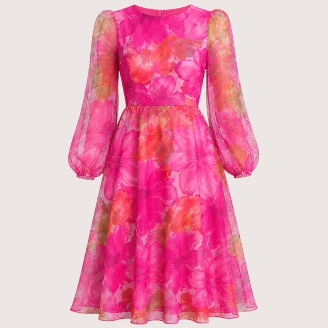 Roselina | Floral Print Midi Dress with Sheer Long Sleeves
